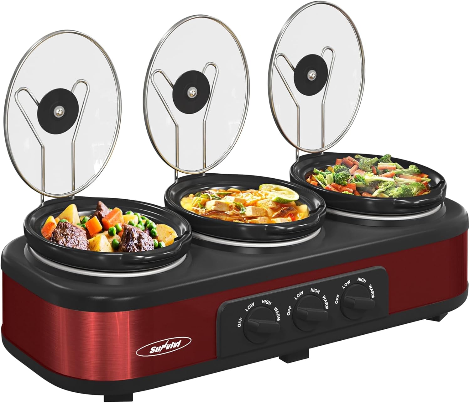 Sunvivi Triple Slow Cooker Buffet (3x1.5 Qt, Red)